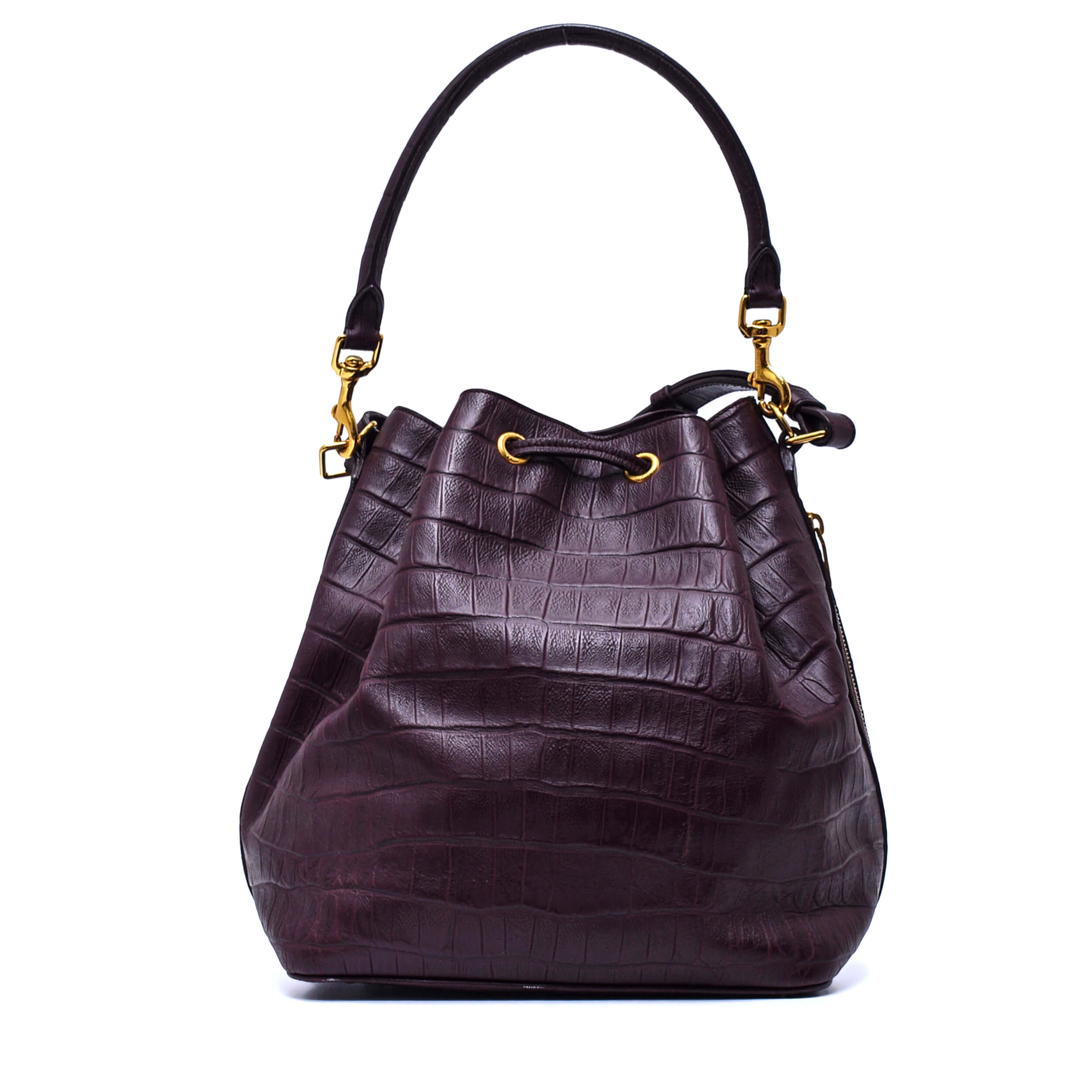 Saint Laurent - Burgundy Calfskin Crocodile Embossed Leather Emmanuelle Bucket Bag